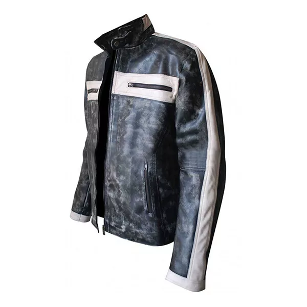Men’s Vintage Cafe Racer White Stripe Grey Biker Leather Jacket