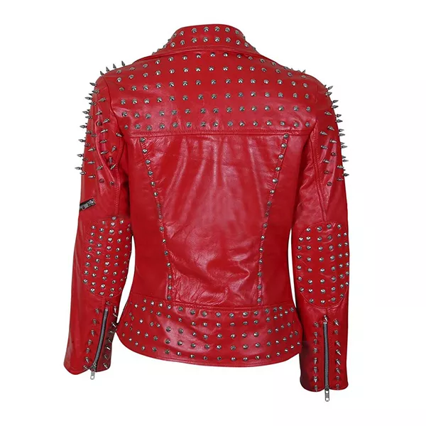 Women Tree Cone Black Spike Red Studded Leather Jacket