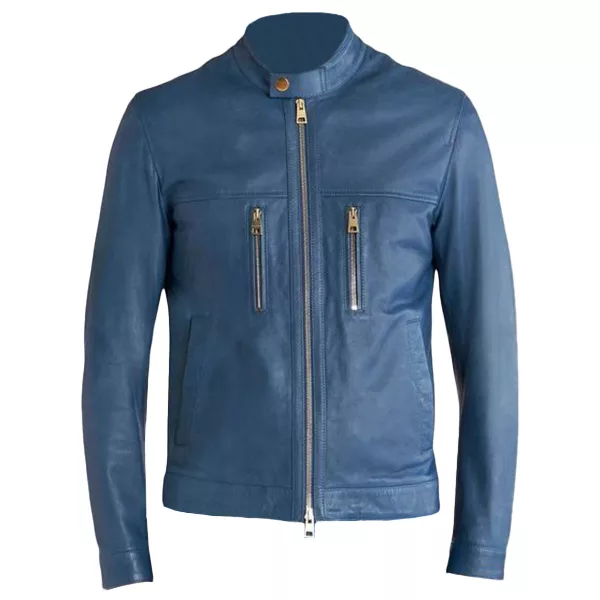 Mens Racer Biker Blue Leather Jacket