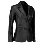 Womens Black Buttoned Leather Blazer
