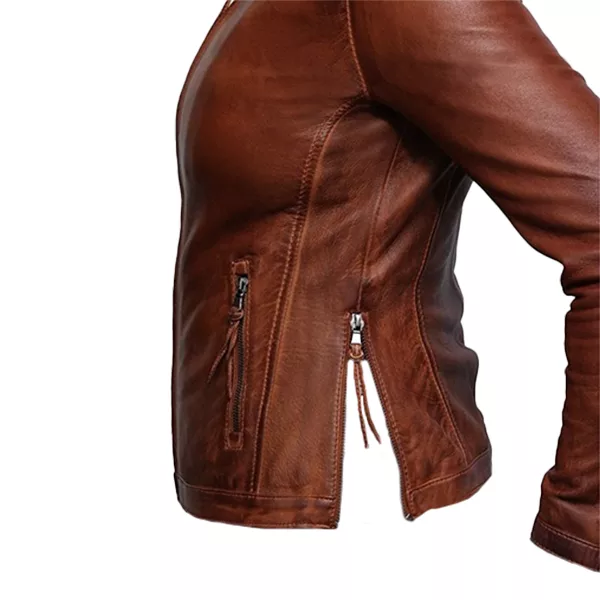 Women Casual Zipper Brown Leather Jacket