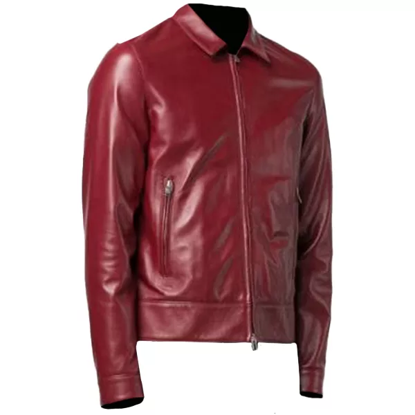 Men's Plain Red Leather Zipper Jacket