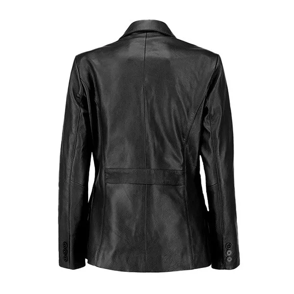 Women Black Two Buttoned Leather Blazer