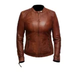 Women Slim Fit Zipper Brown Leather Jacket